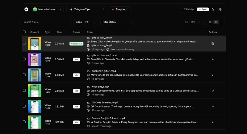 #Telegram #下载 #开源 Telegram Files 支持 Docker 自托管的 TG 文件下载工具，可从频道和群组中下载文件，并按文件名、描述、文件大小、类型等进行高级检索，支持多个账户下载，支持暂停和恢复下载，并自动将文件传输到其他目的地，支持预览已下载视频和图片，免费开源