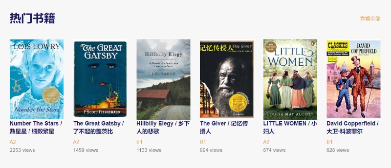 #英语 #名著 BookYell 英文名著小说在线阅读，共有大约 200+ 本，可按难度进行筛选，支持悬浮查释义、双击查词典、整段翻译、语法分析等功能，词典和语法分析做的很好，应该是集成了 AI ，免费使用，无需注册