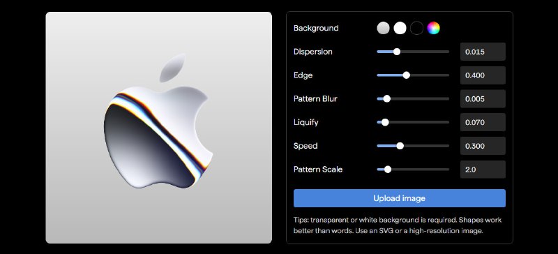 #设计 #LOGO #特效 Liquid Metal 将 LOGO 变成液态金属风格的工具，可自定义背景颜色、分散、边缘、模糊、液化、速度、图案比例等参数，需要透明或白色背景，形状比文字效果更好，尽量使用 SVG 或高分辨率图像，完全免费，无需注册