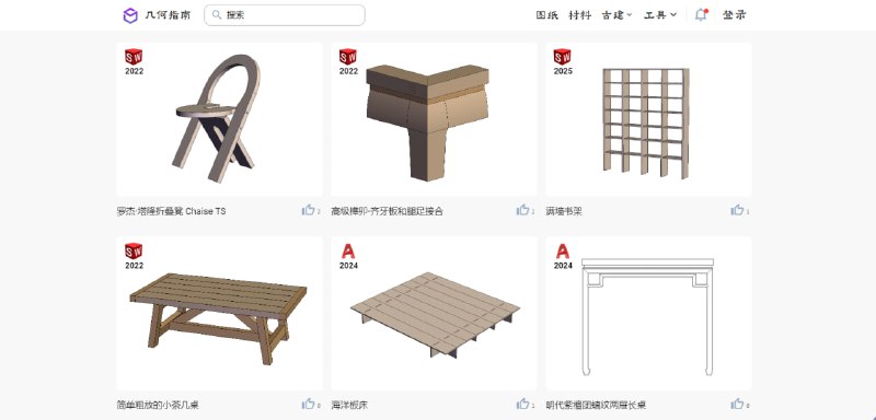 #指南 #木工 #百科 几何指南 一个专注于木工设计与制造的线上平台，提供丰富的图纸下载，包括家具模型、榫卯结构、古建斗栱等，并配有材料大全，详细介绍实木、人造板木料的型号、性质及行情数据，还支持工具与五金件知识库，同时内置木料一站式定制服务，免费浏览，无需注册