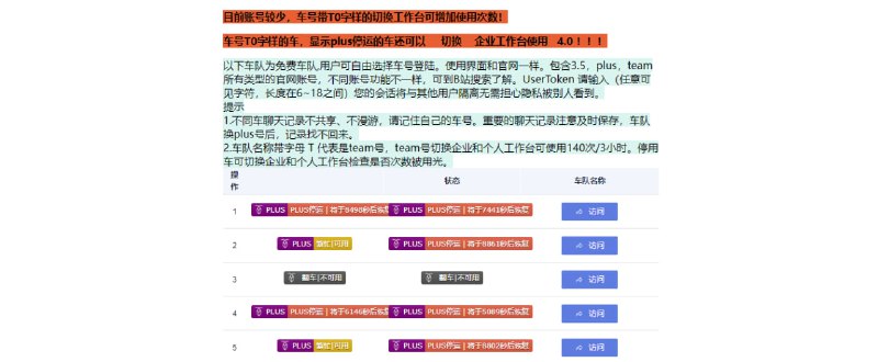 #AI #ChatGPT #web 免费 ChatGPT 4 账号共享 如题，ChatGPT 4 PLUS 和 Team 账号分享，打开即可免费使用，如提示无次数，直接选择切换账号，UserToken 输入任意 6~8 字符即可