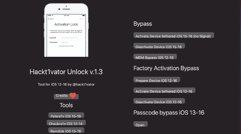 #解锁 #macOS #iOS #Win Hackt1vator 一款帮助绕过 iPhone & iPad 密码锁定、iCloud 激活和 MDM 的免费工具，支持的 iOS 版本为 12 到 16.6，macOS 11 以上和 Win 7 以上的电脑皆可安装使用