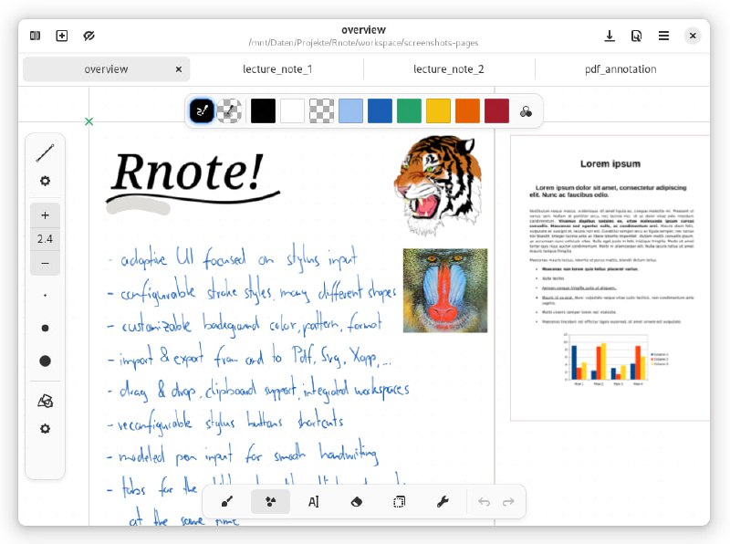 #笔记 #手写 #开源 Rnote 矢量绘图与手写笔记工具，支持自动保存、多标签页、自定义背景、页面格式、压力感应、笔触样式、缩放、打印等功能，支持导入 PDF、位图和 SVG 图像，导出为 SVG、PDF、Xopp 等格式，免费开源，适用于 Windows、macOS 和 Linux 系统