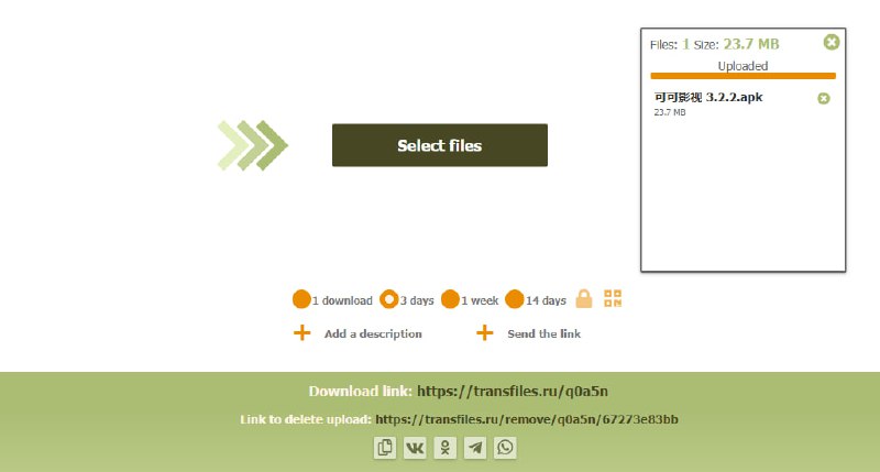 #文件传输 Transfiles 在线文件传输工具，最大支持 2GB 文件，可设置一次下载后删除，最长可保存 14 天，支持设置密码、文字说明和生成二维码，免费不限速，无需注册