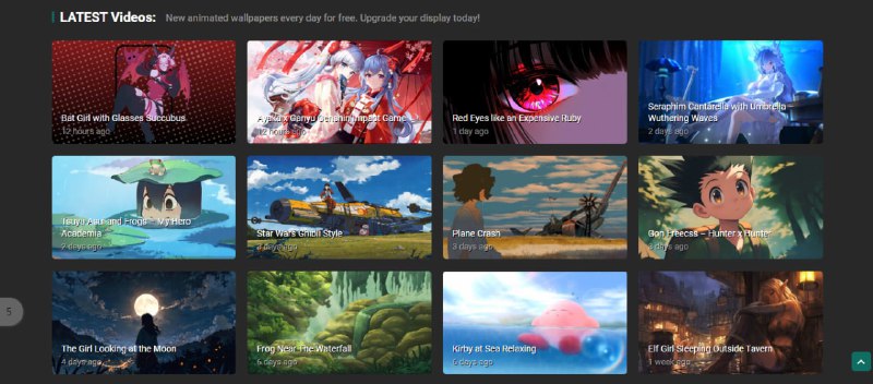 #壁纸 LiveWallpapers4Free 动态壁纸网站，大约有几千个 2K、4K、8K 壁纸，涵盖 3D 动画、动漫、自然、科技、电影、游戏等类别，可下载 MP4 循环视频，再用 Lively Wallpaper、Sucrose Wallpaper 等工具进行设置，资源每日更新，完全免费，无需注册