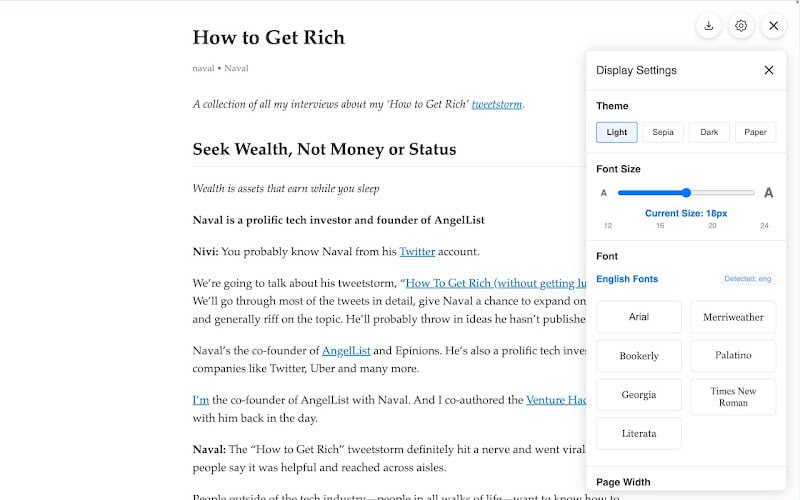 #阅读模式 #插件 #开源 ReadLite 网页阅读模式插件，可将杂乱的页面转换为干净纯粹的阅读体验，支持自动滚动、翻译、全屏、下载 Markdown 文档等功能，阅读界面可调整主题、字号、字体、页面宽度、文本对齐、行间距等属性，另支持 AI 摘要与问答功能，免费开源，部分功能需要登陆