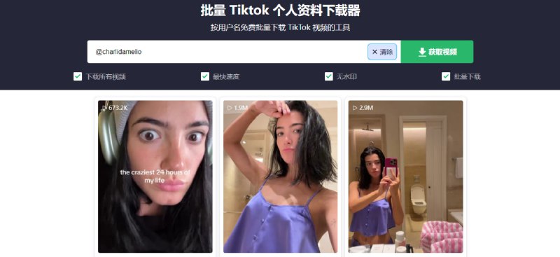 #短视频 #TikTok #下载 SaveTik Pro TikTok 视频下载工具，可输入链接下载单个视频，或输入 @用户名 下载用户的所有视频，高清无水印，支持单个下载和打包下载，不支持私密视频下载，完全免费，无需注册