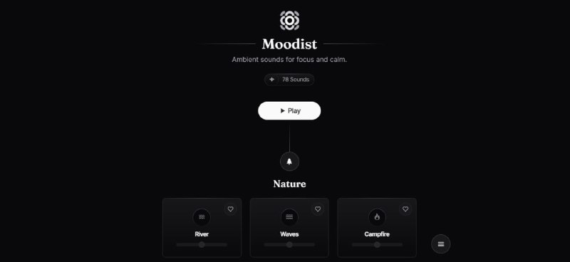 #白噪音 #开源 Moodist 在线白噪音网站，有自然、雨声、城市、动物、场景、交通工具、打字机等 78 种声音，并可任意组合，另支持定时关闭、记事本、番茄工作法计时器、待办事项等附件功能，免费开源，无需注册