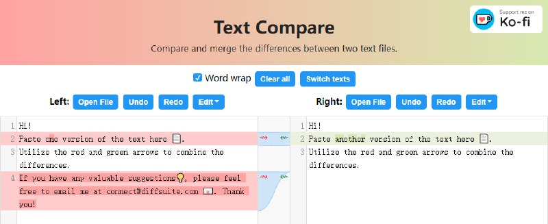 #文本 #比对 Text Compare 文本在线比对工具，可高亮显示文档间的不同，并可一键进行合并，还提供了排序行、反转行顺序、去除空行、删除重复行、去除行首尾空白等功能，支持手动输入和上传文档，免费使用，无需注册