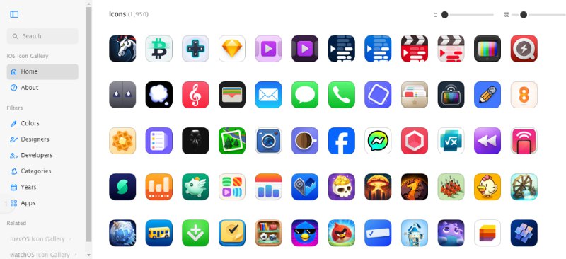 #图标 #LOGO #iOS #web iOS Icon Gallery 一个 iOS 图标库，收录了很多 app 图标，提供多个尺寸下载，可以按颜色、设计师、年份和分类等进行查看，无需注册