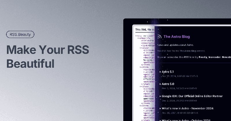 #RSS #开源 RSS.Beauty RSS 美化工具，可将 RSS/Atom 订阅源转换成美观的阅读界面，支持 RSS 2.0 和 Atom 1.0，采用响应式设计，适配移动端，支持一键订阅到主流 RSS 阅读器，支持部署到自己服务器，免费开源