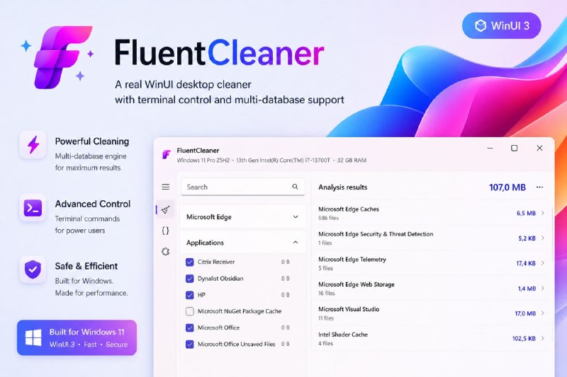 #清理 #开源 FluentCleaner Windows 系统清理工具，基于 WinUI 3 开发，兼容 Winapp2 数据库，可扫描和清理临时文件、缓存、日志及应用残留等内容，支持自定义清理规则、PowerShell 清理脚本、搜索筛选、自动更新检查和命令行静默清理，并提供垃圾增长统计、扫描取消及 Cleaner 扩展包等功能，免费开源