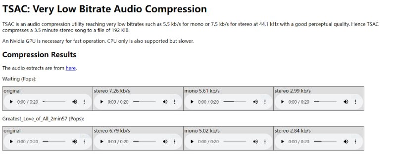 #音频 #压缩 #win #linux TSAC 音频压缩工具，可达到极低的比特率，而不损失音频质量，3.5 分钟的立体声歌曲压缩后仅为 192 KiB，依赖于 Nvidia GPU 可快速压缩，也可通过 CPU 压缩，只不过速度会较慢，免费使用