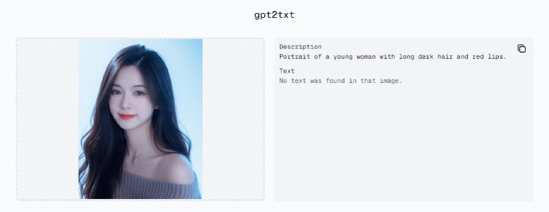 #AI #图转文 #web gpt2txt 基于 AI 的图像转文本描述工具，可对图像内容进行分析并描述，同时也具有文字识别功能，语言为英文，免费使用，无需注册