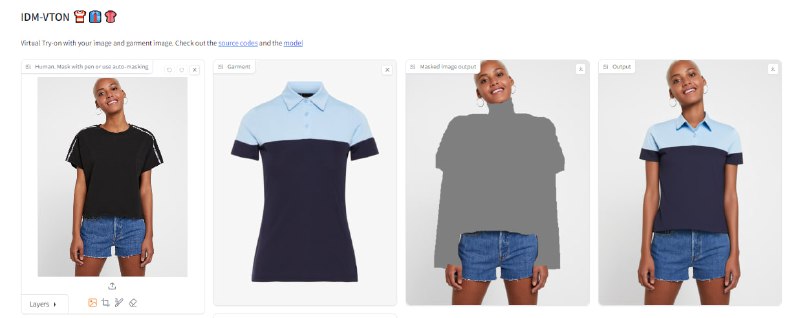 #AI #换衣 #web #开源 IDM-VTON 一个 AI 换衣模型，上传人物和衣服即可进行渲染，效果还挺逼真的，可免费下载，感兴趣的可以体验一下，里面提供了示例图片