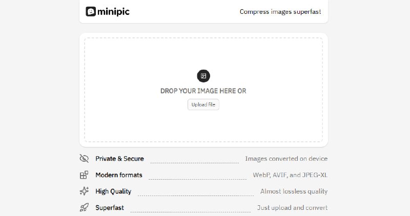 #图片 #压缩 Minipic 图片压缩工具，界面简单易用，速度非常快，且压缩后可下载为多种格式，包括 JPG、PNG、WebP、AVIF、Jpeg-XL 等，完全免费，无需注册