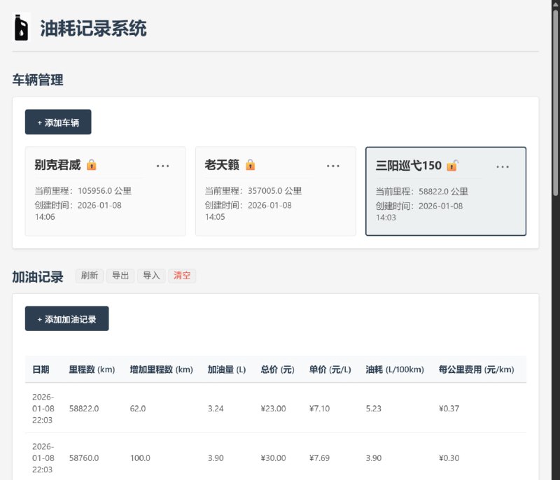 #油耗 #汽车 #开源 油耗记录系统 油耗助手，可以记录油耗、其他花费以及按照公里数提醒维保，支持多车辆管理，支持每辆车独立记录，包括每次加油的升数、价格和里程数，以及记录车辆当前里程，另外提供统计分析和图表功能，可自动计算平均油耗、总费用以及油耗趋势、费用和油价变化等数据，免费开源
