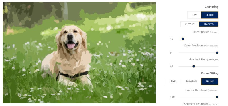 #SVG #格式转换 #开源 VTracer 图片转 SVG 工具，可处理黑白与彩色高分辨率图像，支持调整噪点过滤、色彩精度、渐变步骤，转换后的图像更加紧凑，不会出现空隙等问题，实测效果非常不错，完全免费，无需注册