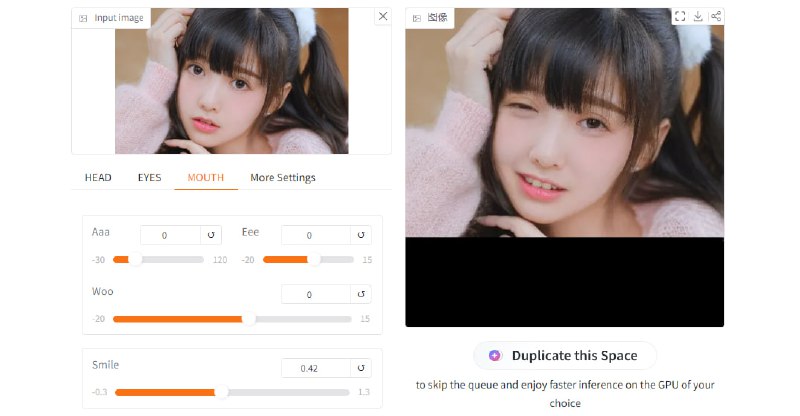 #AI #人脸 #表情 Expression Editor 人脸表情编辑工具，只需上传照片，即可调整数值来改变表情，主要是对头部、眼睛和嘴巴的操作，可实现眨眼、微笑、转头、挑眉等丰富的面部表情，每次调整都会预览显示效果，完全免费，无需注册