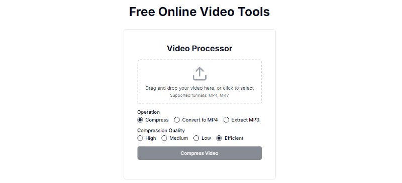 #视频 #压缩 Video Processor 视频处理工具，支持压缩、转换、音频提取和水印功能，基于浏览器本地运行，完全免费，无需注册