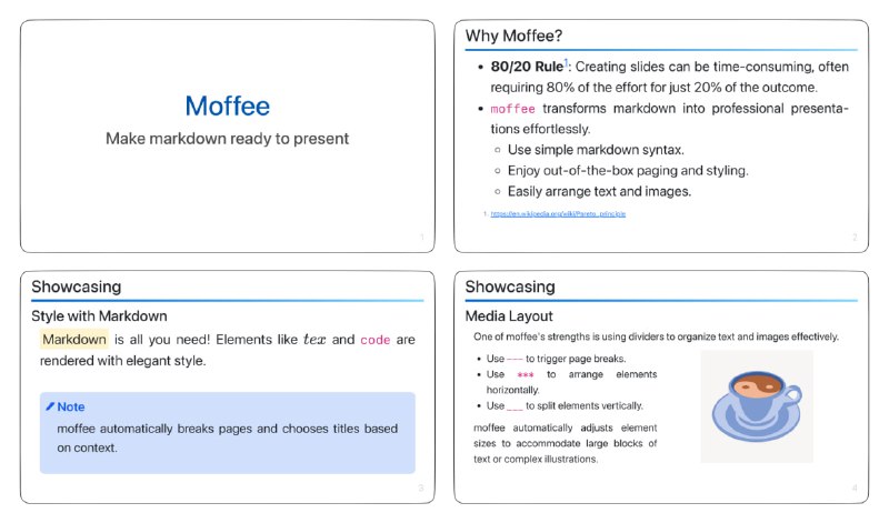 #PPT #Markdown #开源 moffee 幻灯片制作工具，可将 Markdown 文档转换为幻灯片，会自动处理布局、分页和样式，并支持简单的语法，输入时可实时预览效果，完全免费