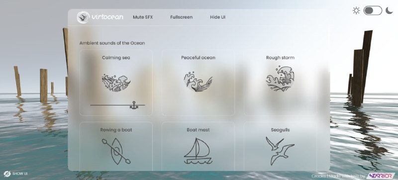 #白噪音 #Web Virtual Ocean 一个海洋相关的白噪音网站，有 海浪、划船、船帆、海鸥、海豚、潜水、海岸 等声音，无需注册，打开即用