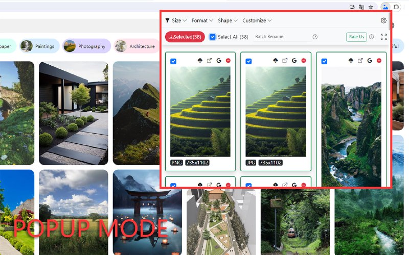 #插件 #图片 #嗅探 HImage 网页图片批量下载插件，只要能看见就能下载，支持 JPG、WEBP、PNG、GIF、SVG、ICO、AVIF、BMP 等格式，可按尺寸、形状、格式筛选，支持自动格式转换、批量重命名、过滤特定域名等功能，免费使用