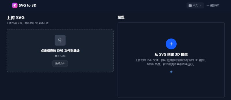 #格式转换 #SVG #3D SVG to 3D SVG 矢量图转 3D 模型工具，除了简单的拉伸，还可以调整厚度、倒角、PBR 材质等，并可实时预览，完美适配 React Three Fiber 工作流，最大可上传 5MB，支持批量处理，支持导出 GLB、GLTF、OBJ、STL 多种格式，完全免费，无需注册