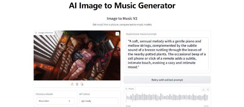 #AI #web #ITM Image to Music 根据图片生成音乐的 AI 工具，只需上传一张图片，系统便会通过文字描述来分析图片的内容，将其转化为匹配的音乐，有多种模型参数可供选择