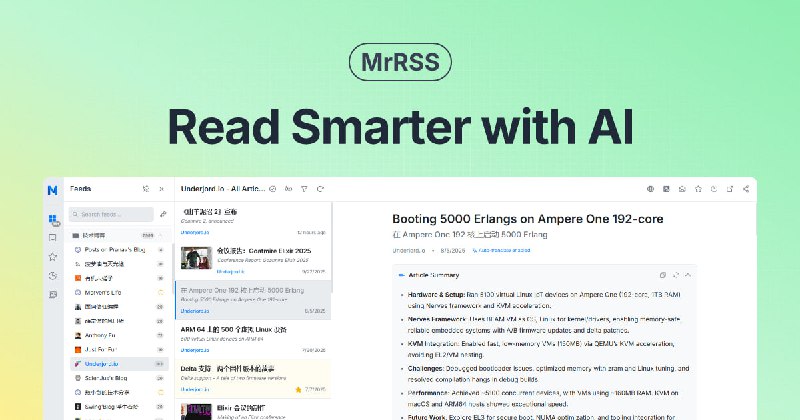 #RSS #开源 MrRSS 基于 AI 的 RSS 阅读器，集成先进 AI 技术，赋能翻译、摘要、推荐等多种功能，支持 URL、XPath、脚本、Newsletter 等多种订阅源类型，支持 Obsidian、FreshRSS、RSSHub 等主流工具集成，内置过滤器与脚本系统，支持高度自定义的自动化流程，免费开源，适用于 Windows、macOS 与 Linux 系统