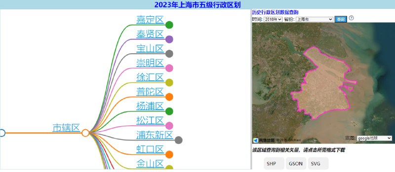 #地图 五级区划查询与下载 中国行政区划数据查询与下载，涵盖了 2010 年到 2023 年的数据，包括省、市、县、乡镇和村的五级矢量，可下载为 SHP、GSON、SVG 格式，完全免费，无需注册