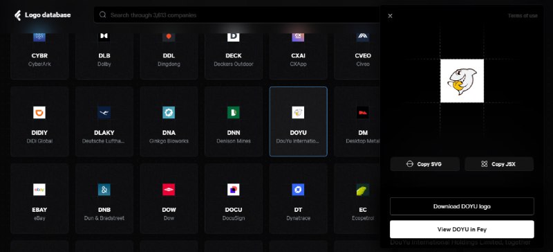#SVG #LOGO Fey’s logo database 一个大公司 LOGO 收集网站，目前共计 3613 个，可按股票代码和英文名进行搜索，并可下载为 SVG 图像，还可拷贝 SVG 和 JSX 代码，完全免费，无需注册
