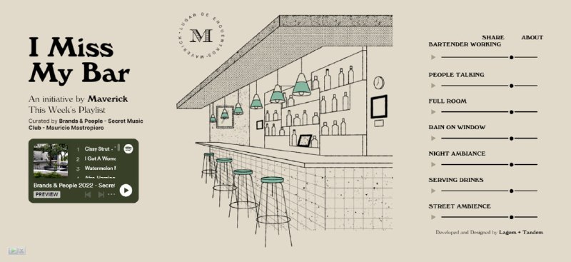 #白噪音 #趣站 #web I Miss My Bar 在线酒吧模拟器，提供酒吧特有的音效，如调酒声、谈话声、雨声、街头声音等，可以相互组合，调节音效大小，还有一个作者推荐的 Spotify 歌单