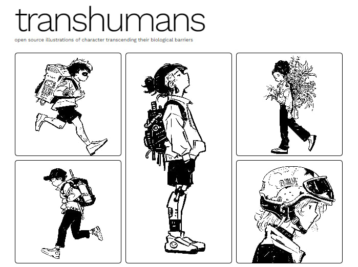 #设计 #素材 #下载 #开源 Transhumans 一个开源的朋克科幻艺术作品集，主要是人物和机器人，每幅艺术作品都会有一股未来风的视觉冲击，提供 PNG 和 SVG 格式的免费下载，并支持商用与个人使用