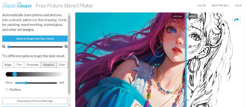 #趣站 Free Picture Stencil Maker 图片模板制作工具，可去除图片中的颜色，只保留线条和边框，有多种级别可供选择，适用于填充绘画、木工、彩色玻璃等艺术设计，完全免费，无需注册
