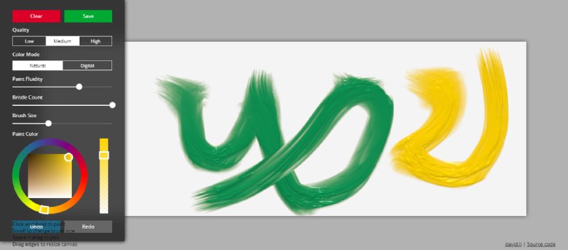 #绘画 Fluid Paint 在线绘画工具，特点是模拟真实画笔与湿润颜料的物理效果，且可调整画笔毛刷数量、大小、颜料流动性和颜色，支持自然与数字两种绘画模式，提供撤销、重做功能，可用作创意绘画或物理模拟实验，免费使用，无需注册