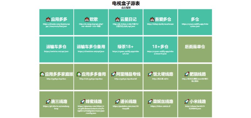 #TV #源 电视盒子源表 电视盒子播放源收集列表，涵盖多仓和单仓线路，如欧歌、应用多多、吾爱多仓、饭太硬、肥猫、蜂蜜、小苹果、月光宝盒等，支持一键复制，输入到所有基于 TVBox 实现的电视应用中都可以进行播放，常看电视的可以看一下