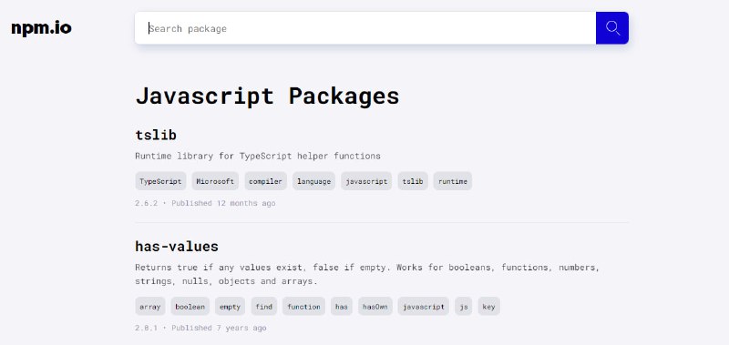 #开发 #NPM #搜索 npm.io 一个 NPM 包搜索引擎，界面非常简约，并且预设了很多关键词，前端开发人员应该会用到，免费使用，无需注册