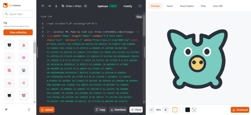#SVG SVG Viewer SVG 图标搜索引擎，有大量的开源图标可供选择，并可进行可视化编辑，支持导出为 PNG、JSX、React、Data URL 等形式，另支持美化、压缩、修改尺寸、翻转等功能，完全免费，无需注册