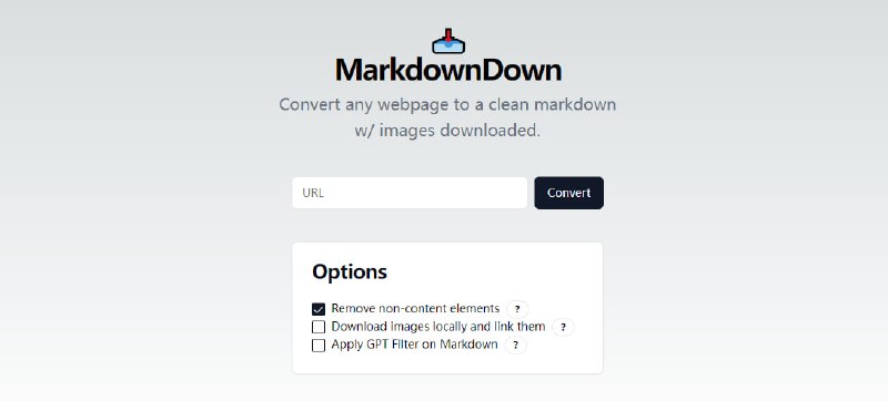 #markdown #web MarkdownDown 一个网页转 Markdown 工具，特点是可移除非内容元素，呈现干净的网页内容，支持下载图片，输入网页链接即可，无需注册