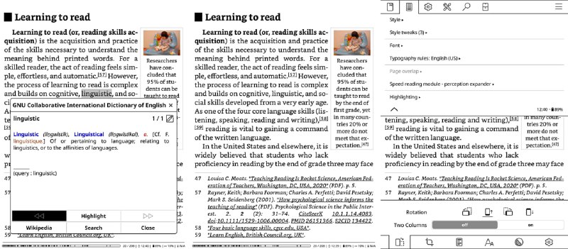 #阅读 #开源 KOReader 专为电子墨水设备优化的开源阅读器，适用于 Kindle、Kobo、PocketBook、reMarkable 等设备，支持 EPUB、PDF、DjVu、XPS、CBT、CBZ、FB2、PDB、TXT、HTML、RTF、CHM、DOC、MOBI 甚至压缩 ZIP 文件等格式，支持高度自定义的手势与快捷区交互，支持批量操作、收藏夹（Favorites）、阅读历史等，免费开源